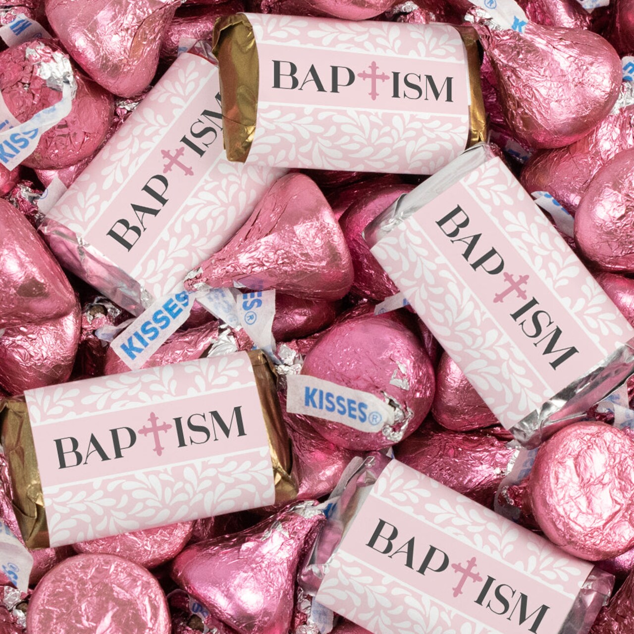 128 Pcs Girl Baptism Candy Party Favors Hershey's Miniatures & Kisses (1.58 lbs) - Pink